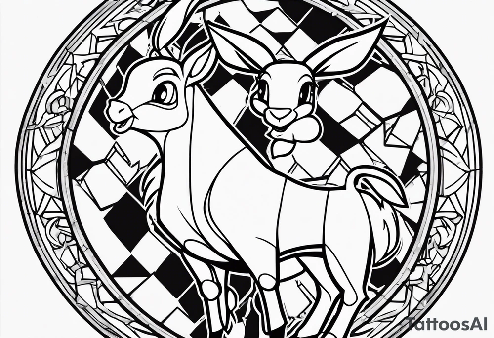 draw a sketch of a calf tattoo with cartoon characters from the 90s: Bart Simson, well, wait, Jerry, Kenny Souzpark, Bugs Bunny, Chip and Dale, spider-Man, Batman, Pikachu, Bender from futurama, Stu Griffins in the style of jealousy tattoo idea