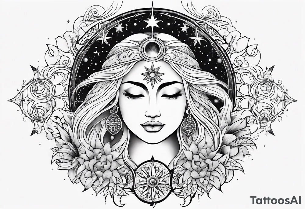 Feminine Sun and moon. long rectangular sternum swirls with dots and stars tattoo idea