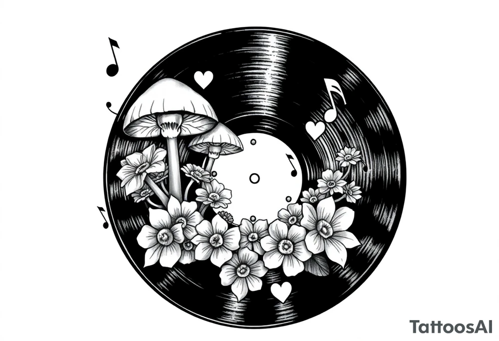 vinyl record with mushrooms, flowers, hearts, and music notes tattoo idea
