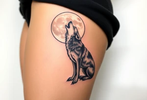 lone wolf howling at full moon with northern lights backdrop tattoo idea