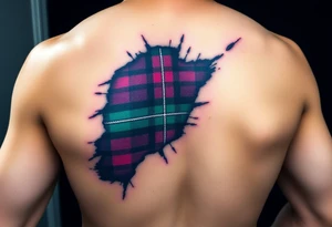 Dark Purple with green pink blue and white highlights tartan fabric on arm with skin ripping away to reveal tartan underneath tattoo idea