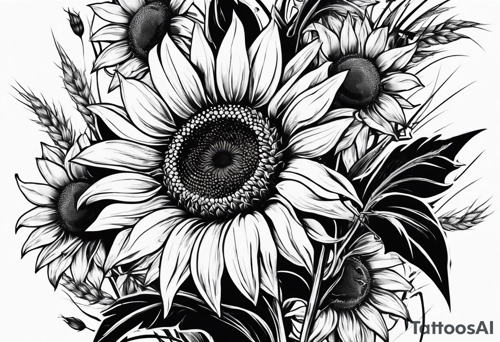 Sunflower, wheat, and barbed wire half sleeve tattoo idea
