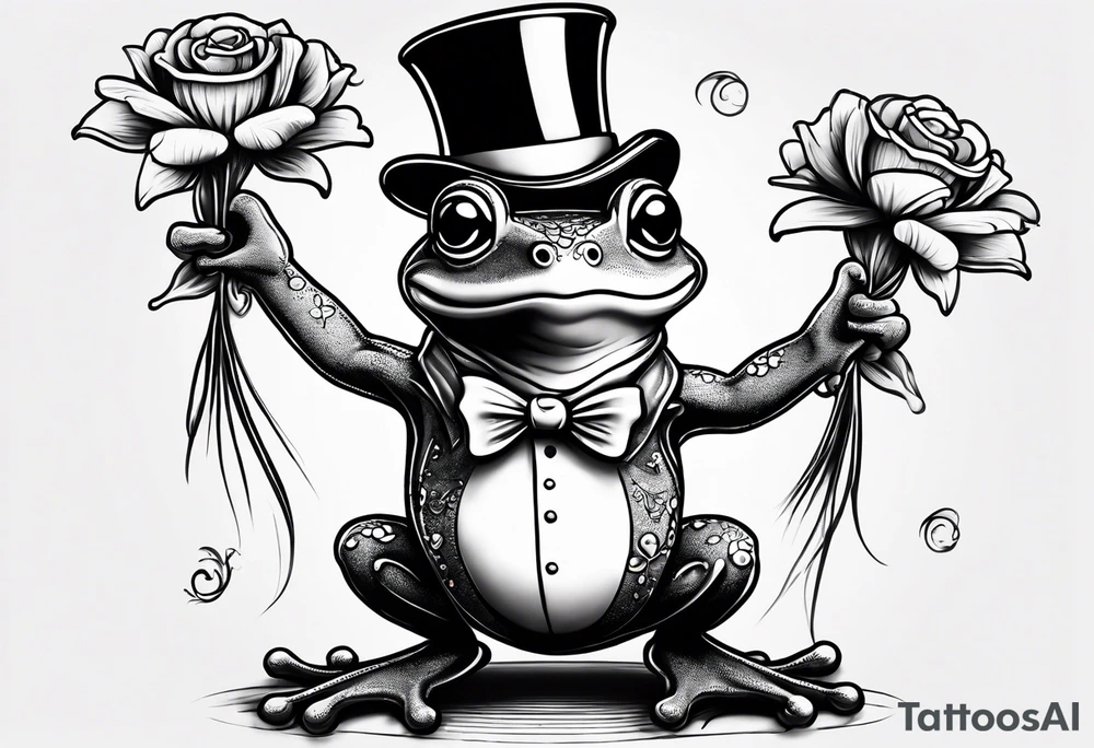Cute Frog standing on back legs  in a top hat holding flowers to go on a date tattoo idea
