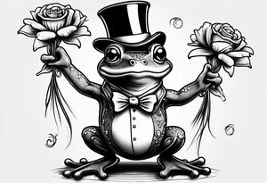 Cute Frog standing on back legs  in a top hat holding flowers to go on a date tattoo idea