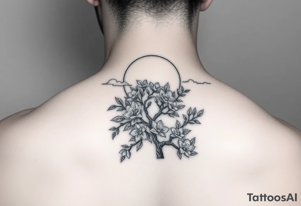 sun
surrounding by clouds, tree blooming with flowers on the shoulder tattoo idea