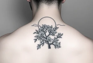 sun 
 surrounding by clouds, tree blooming with flowers on the shoulder tattoo idea