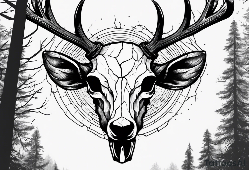 A SCARY side view of a decayed deer skull NO SKIN JUST BONE surrounded by a forest fire in background tattoo idea