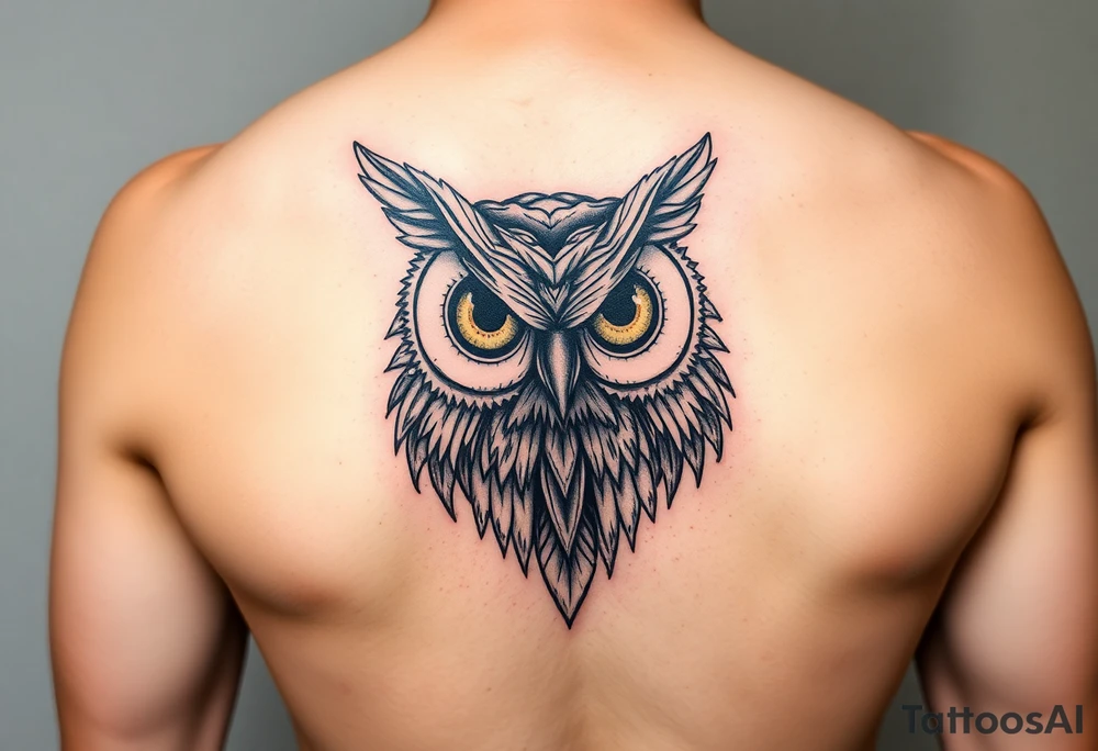 Abstract large colored tripping eye owl with less feathers tattoo idea