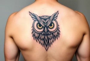 Abstract large colored tripping eye owl with less feathers tattoo idea