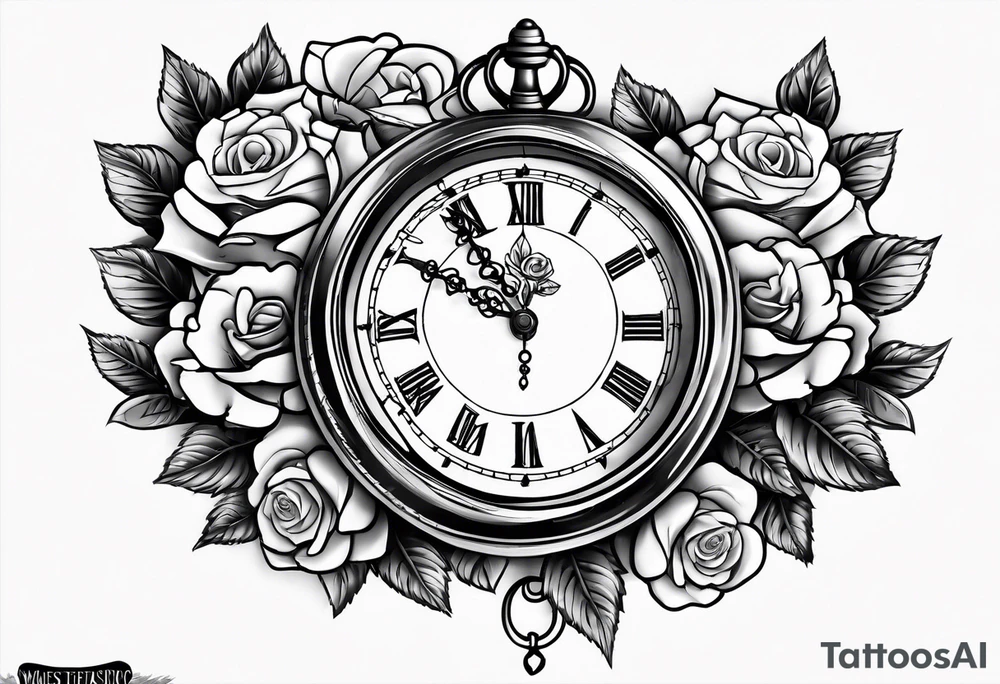 Pocket clock with chain and roses tattoo idea