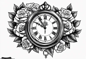 Pocket clock with chain and roses tattoo idea