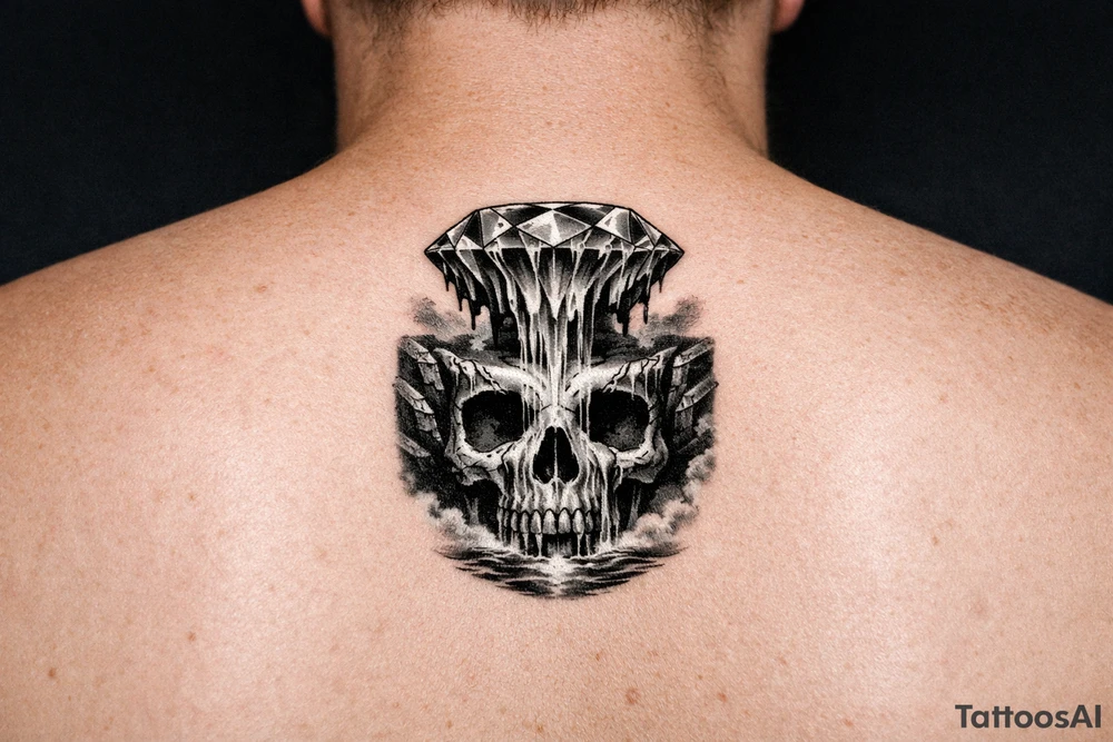 Diamond melting like a colorful waterfall running into a waterfall skull tattoo idea