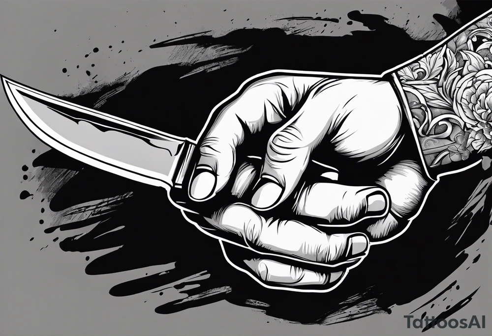 Hand getting stabbed by a knife, knife going through hand, with blood, 3 inches long tattoo idea