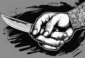Hand getting stabbed by a knife, knife going through hand, with blood, 3 inches long tattoo idea