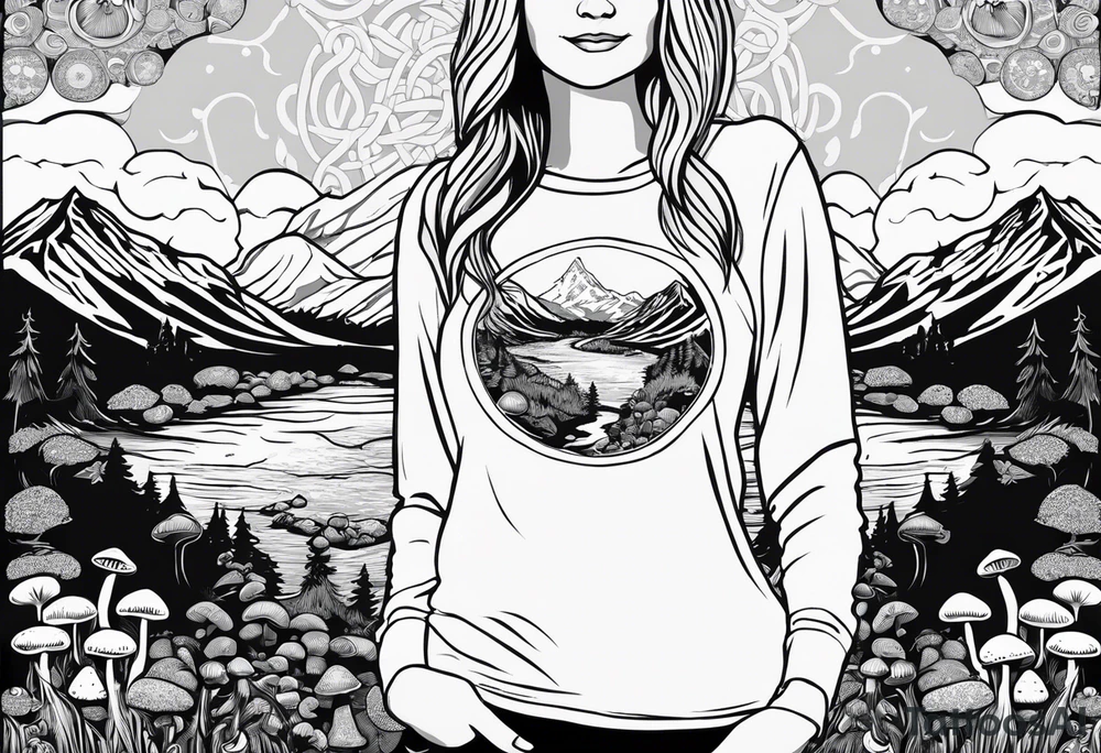 Whole picture encircled fully

Straight long blonde hair hippie girl in distance holding mushrooms in hand facing away toward mountains and creek surrounded by mushrooms long sleeve shirt and hiking pants; whole rendering within a full celtic circle, no cut off circle tattoo idea