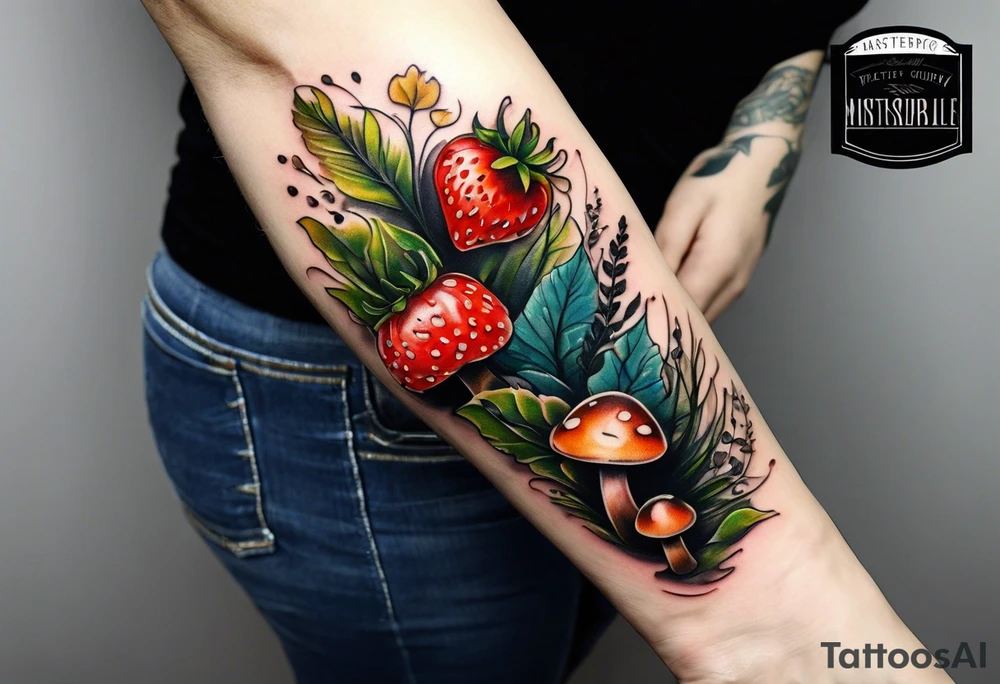 forest floor inspired realistic tattoo, which includes grass, curly ferns and dead leaves as the bulk of the tattoo. details to include: three  tiny strawberries, couple of very small mushrooms, a tiny bumblebee flying nearby tattoo idea