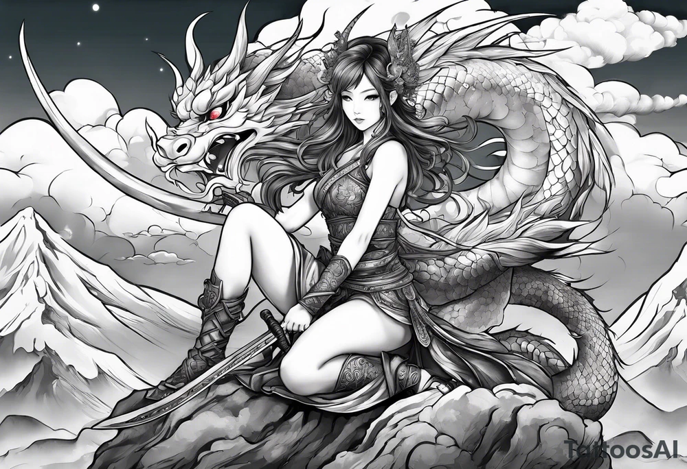 warrior beautiful fairy nymph with a full body with a sword and a full dragon with a mountain with clouds and a Japanese building background tattoo idea