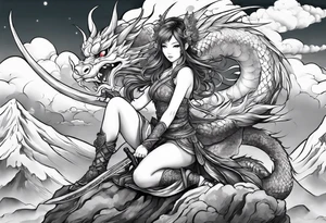 warrior beautiful fairy nymph with a full body with a sword and a full dragon with a mountain with clouds and a Japanese building background tattoo idea