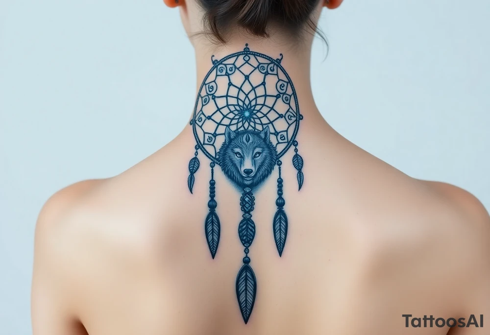 Dreamcatcher with zodiac symbols and protection runes caught in it with wolf teal tattoo idea
