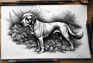 Patte de chien avec dans chaque petite coussinets un des 4 éléments et dans le gros coussinets passage montagneux cours d'eau tattoo idea
