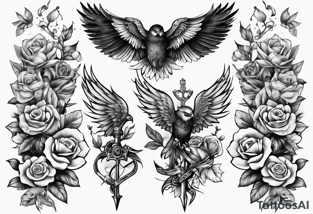 sleeve tattoo full with guns and flowers and wings tattoo idea