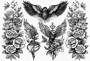 sleeve tattoo full with guns and flowers and wings tattoo idea
