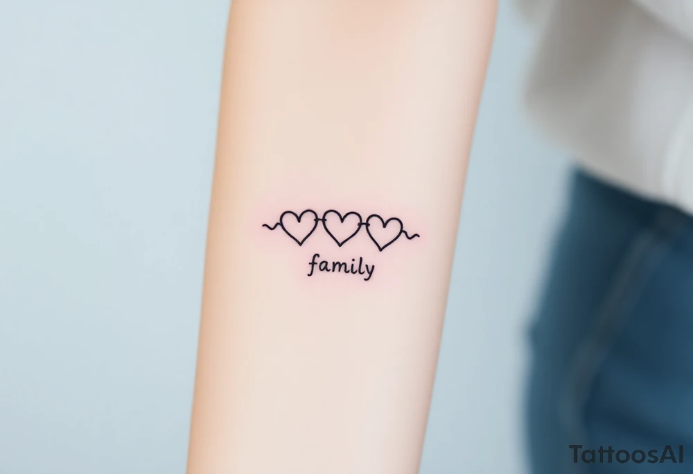A minimalist infinity symbol with three hearts above including word "family" tattoo idea