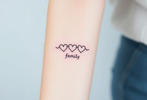 A minimalist infinity symbol with three hearts above including word "family" tattoo idea