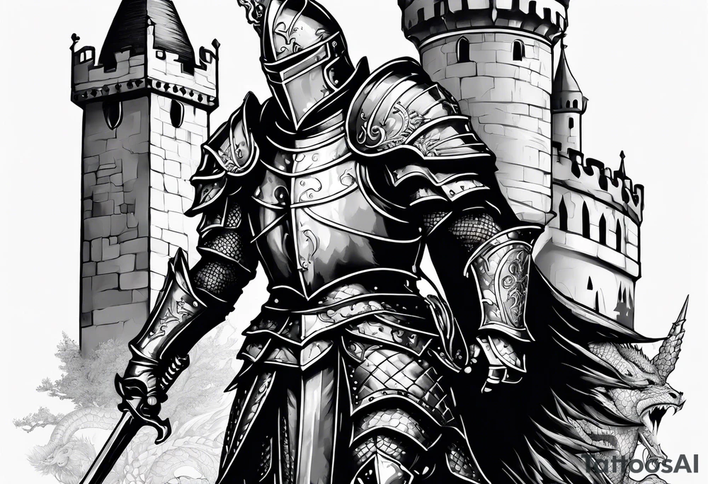 knight in armor full body with castle in background and dragon tattoo idea