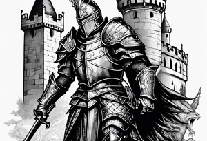 knight in armor full body with castle in background and dragon tattoo idea