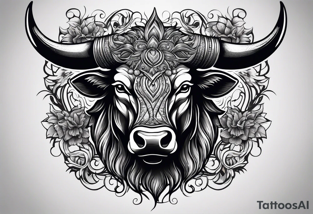 Evil, scary bull with horns surrounded by fill work for back tattoo. On a back tattoo idea