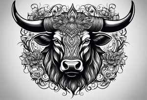 Evil, scary bull with horns surrounded by fill work for back tattoo. On a back tattoo idea