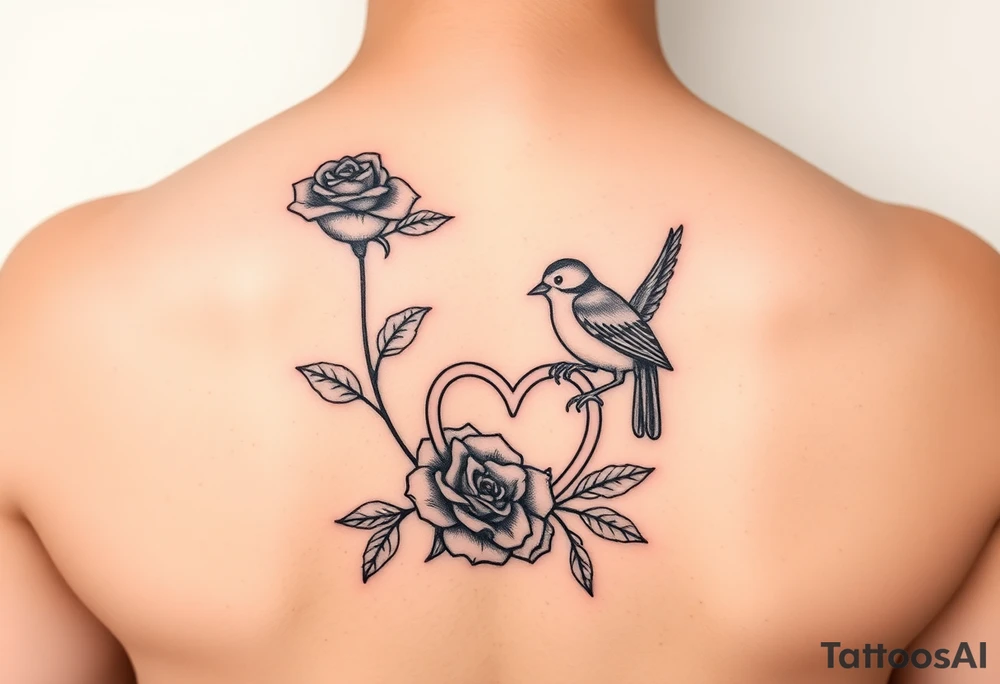 Small Feminine red rose and robin with a infinity heart on hip tattoo idea