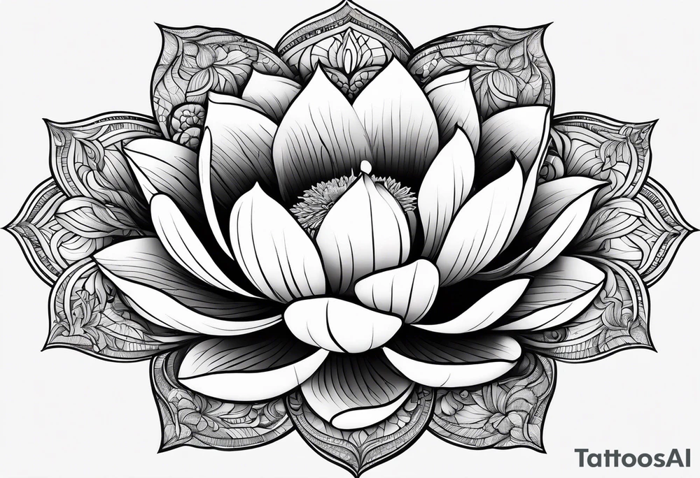 a masculine line drawing of a lotus flower with a yin yang in the flower tattoo idea