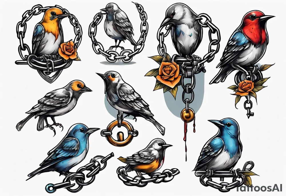 A songbird with no head, shackle and chain on leg tattoo idea