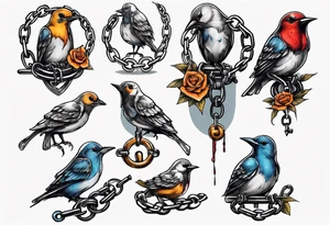 A songbird with no head, shackle and chain on leg tattoo idea