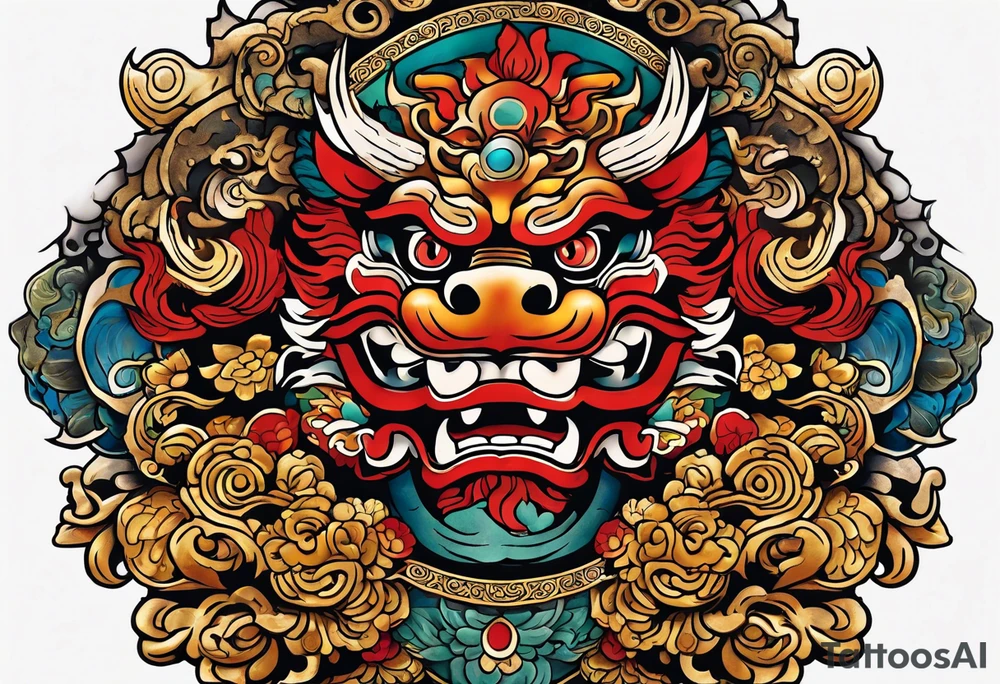 Double pectoral chest piece, of traditional Okinawa shisa. On one side is the male with his mouth open, and the other side, the female with her mouth closed. tattoo idea
