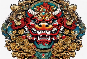 Double pectoral chest piece, of traditional Okinawa shisa. On one side is the male with his mouth open, and the other side, the female with her mouth closed. tattoo idea