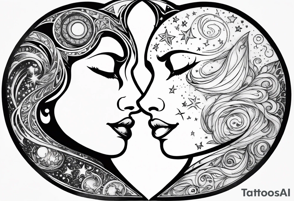 Sun and moon face romantic kiss or hug
With a pawprint pathway going to 2 cat and pitbull dog face surrounded with intergalactic Stars and infinite love bond tattoo idea