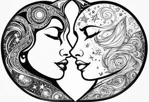 Sun and moon face romantic kiss or hug
With a pawprint pathway going to 2 cat and pitbull dog face surrounded with intergalactic Stars and infinite love bond tattoo idea