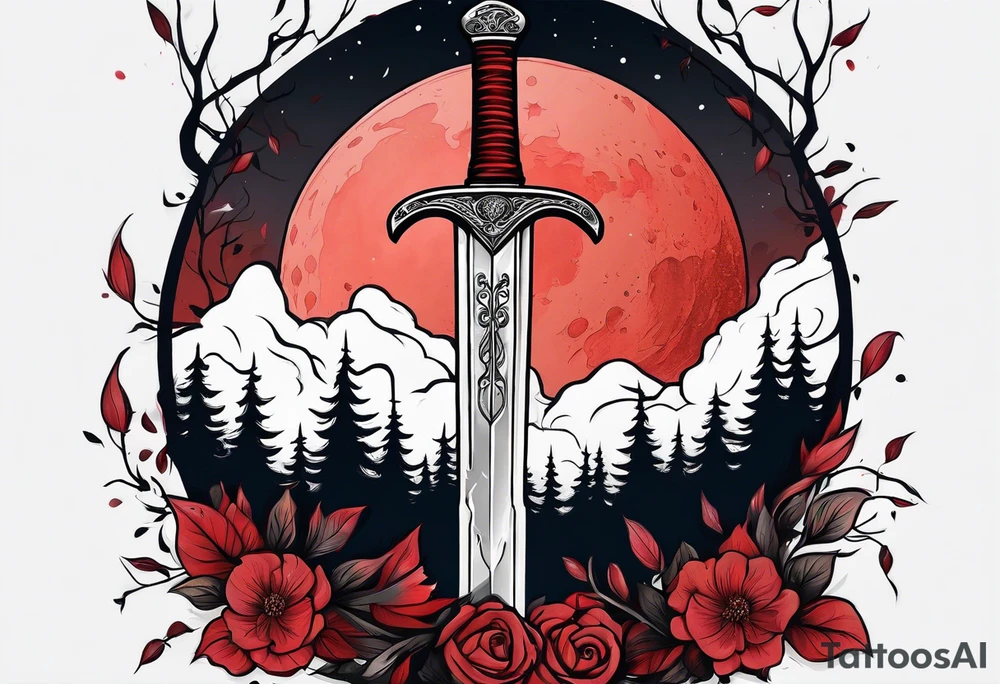 Sword with red moon behind it in the woods tattoo idea