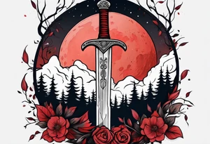 Sword with red moon behind it in the woods tattoo idea