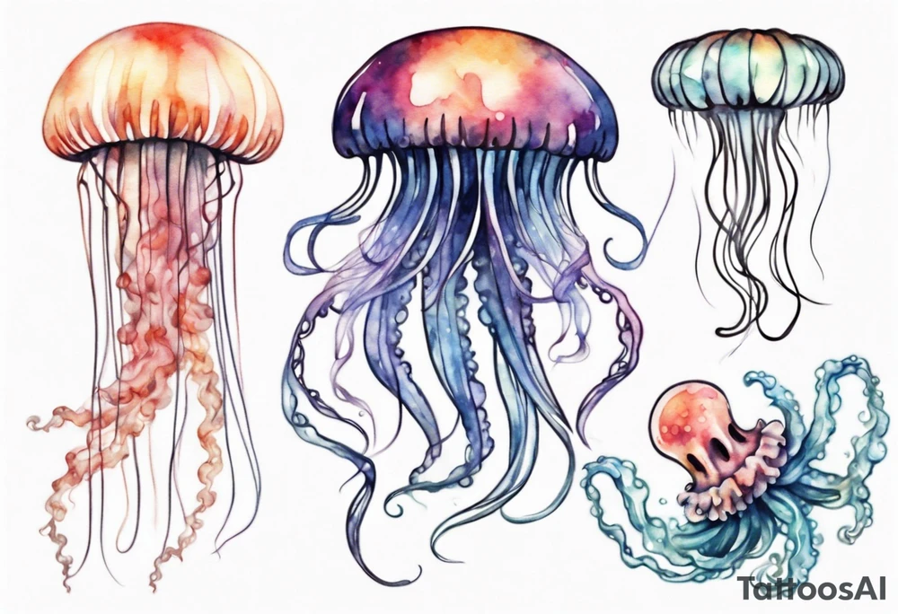 One large jellyfish with long tentacles, surrounded by two or three smaller jellyfish tattoo idea