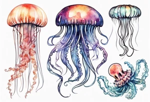 One large jellyfish with long tentacles, surrounded by two or three smaller jellyfish tattoo idea