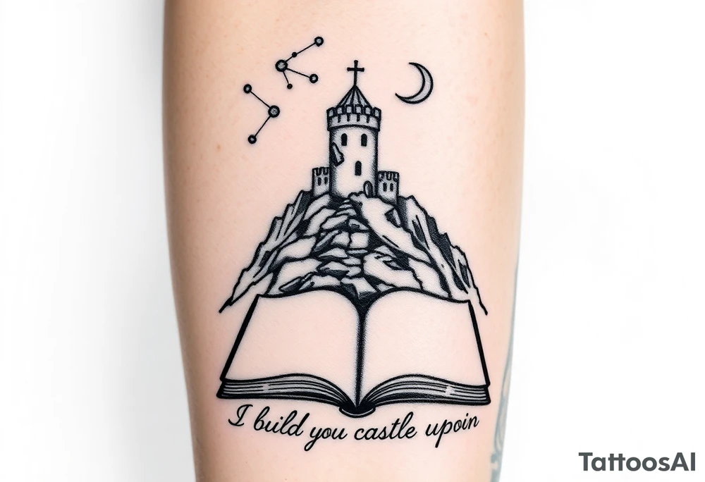 A small crumbling castle on a rocky mountain with an open book under the mountain. Above the castle are the 3 constellations aries, Libra and Sagittarius and a crescent moon. Underneath the open book are the words "you are the mountain I build my castle upon" tattoo idea