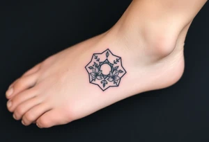 Faint Hexagon with astrological sign for Leo, larkspur and water lilies in the center tattoo idea