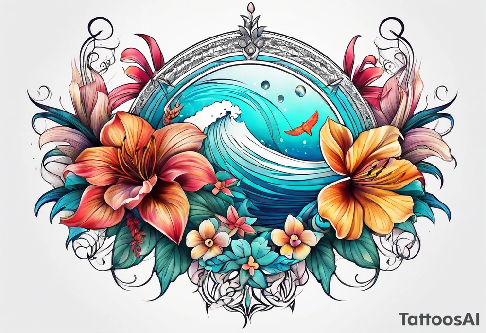 sea, flower, palm, animal tattoo idea