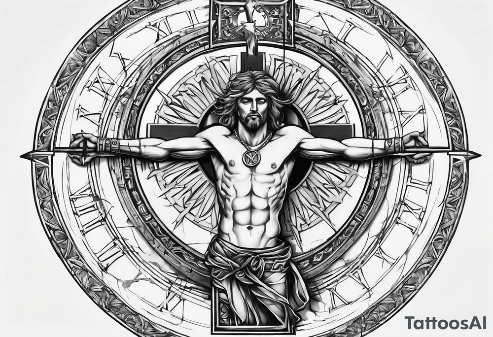 Circle made with Roman numerals, with a crucified man inside the circle tattoo idea