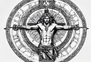 Circle made with Roman numerals, with a crucified man inside the circle tattoo idea
