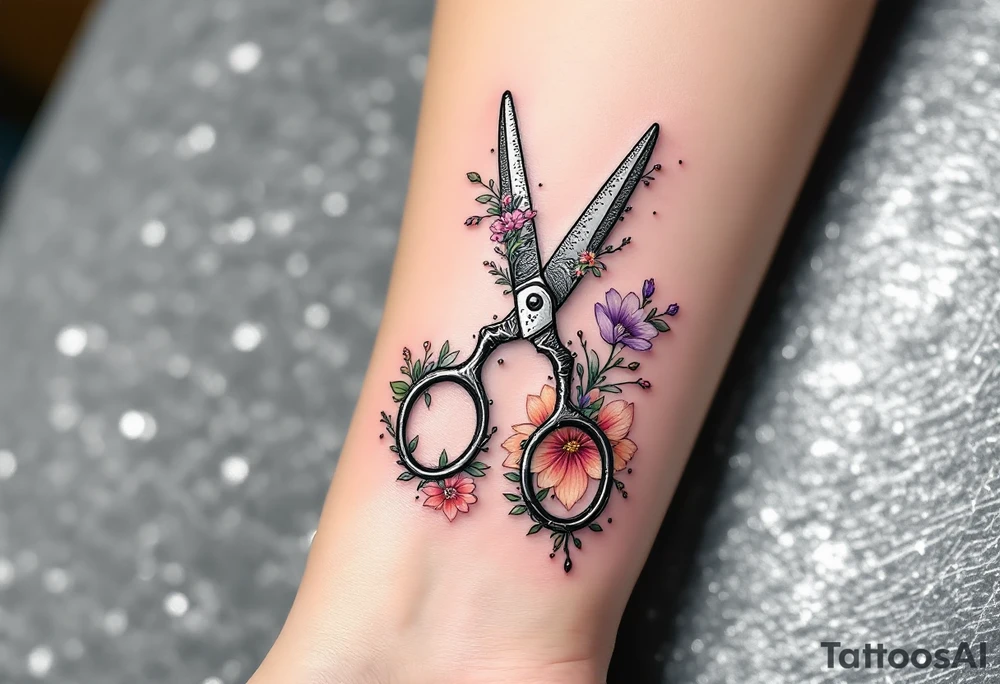 Floral Scissors Tattoo – Silver scissors with intricate floral patterns growing around them, blending greenery with soft pastels like peach, pink, and lavender. The flowers represent creativity and craftsmanship. tattoo idea